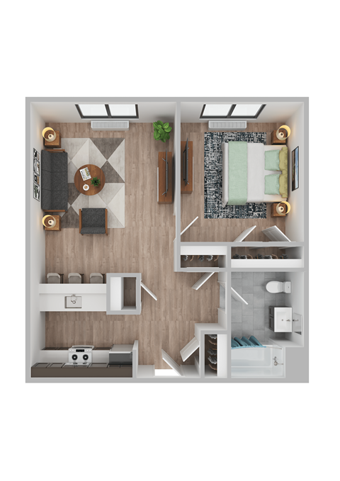 Floor plan for 1 bed, 1 bath, 682 sqft